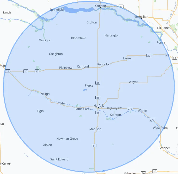 Approximate 50-mile service radius from Pierce, Nebraska.